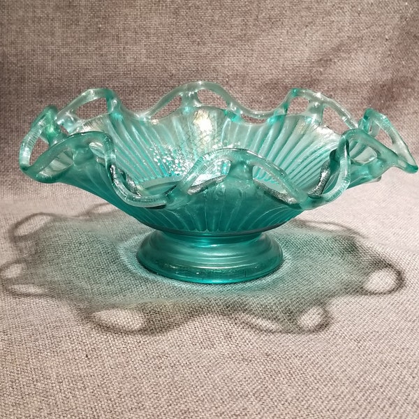 Fenton Iridescent Teal Lace Edge, Pedestal Base Bowl with Fluted Edge