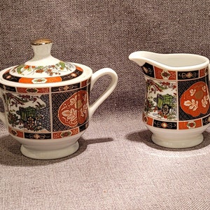Imari Ware Japan Creamer and Covered Sugar Bowl with handles - Cart, Birds & Flowers
