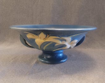Vintage Roseville Pottery Zephyr Lily Footed Bowl, Bermuda Blue, 11 inch