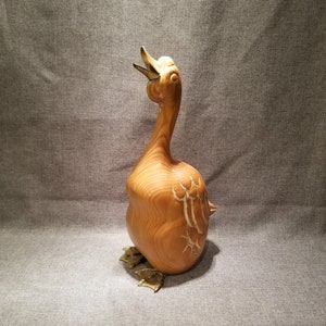 Wood Carved Standing Duck with Brass Feet and Bill