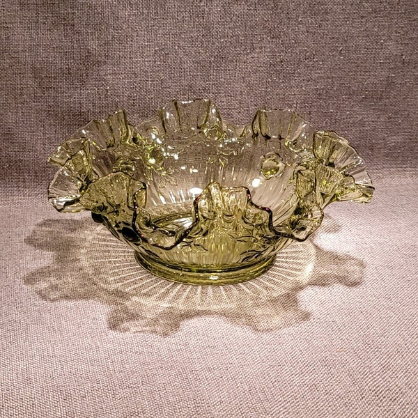 Fenton Green Cabbage Rose Ruffled Edge Bowl 9 1/2" diameter