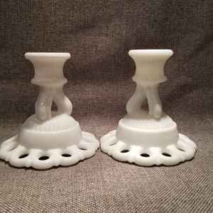 Pair of Westmoreland Milk Glass Doric Lace Candlestick Holder