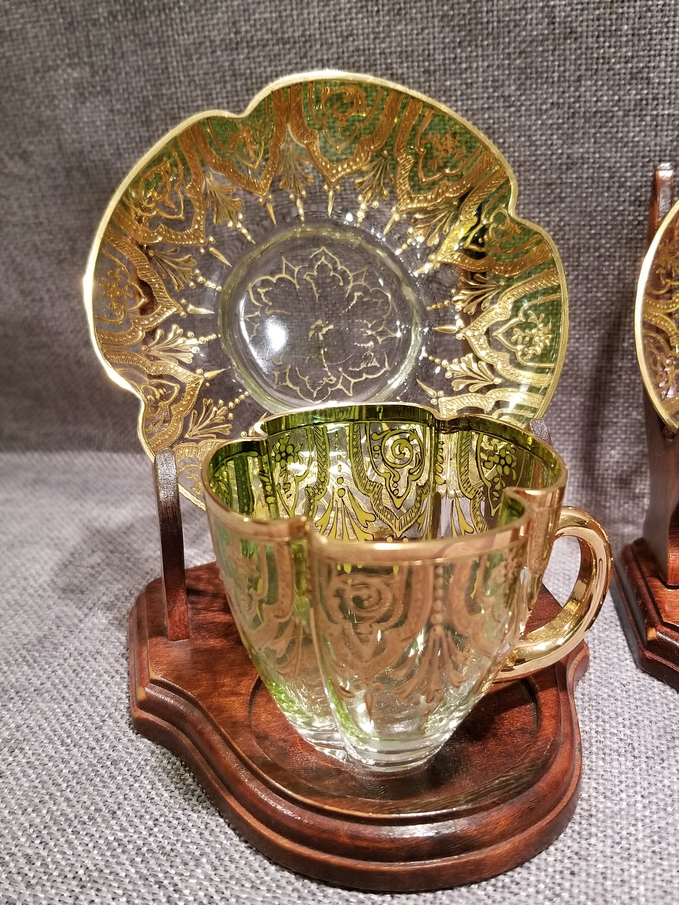 Antique Moser Quatrefoil 4 Cups and Saucers with Wooden Stands Etsy