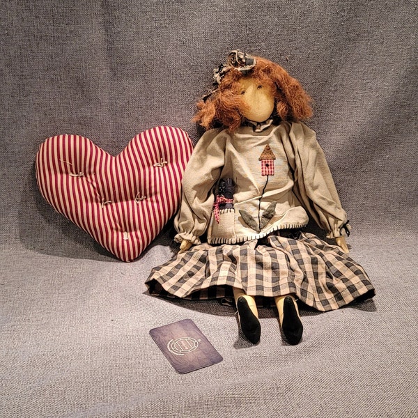 Evi's Country Snippets Primitive Doll "Larinia-Rose" and Heart Doll is signed and dated - Decorative Purposes only