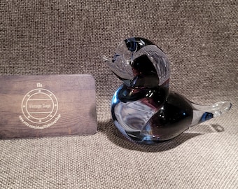 Glass Duck Figure Paperweight - Purple Hue in Clear Glass