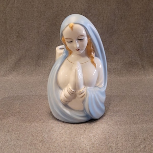 Mother Mary, Madonna in prayer, praying hands porcelain figure planter, figurine, bust w/ gilding 8 1/2" tall