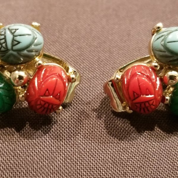 Scarab Clip-On Earrings, Gold-Tone marked "PAT. PEND"