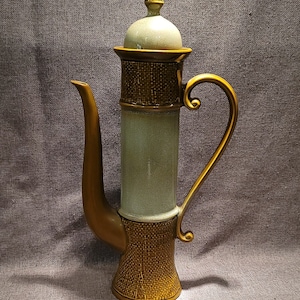 MCM Norleans Green Ceramic Teapot Coffee Pot with Woven Textured Details - Stamped "Made in Japan" on base