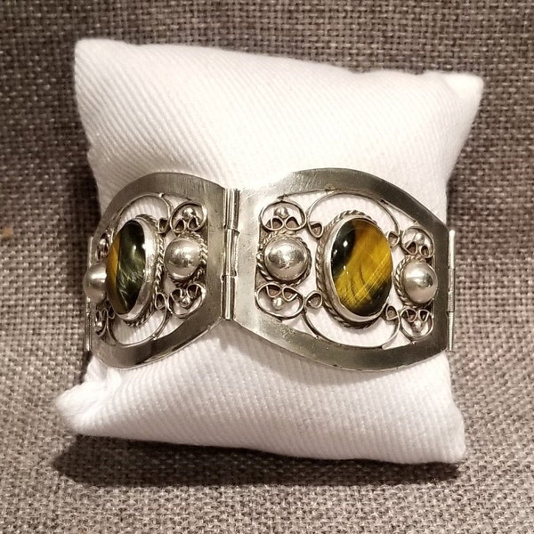 Mexican Sterling Silver and Tiger Eye 4 Panel, Hinged Bracelet (Fits Smaller Wrists)