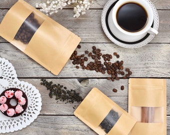 Window Resealable  Sealing Craft Paper Bags Waterproof Transparent Window Brown Stand Up Zipper Pouches Can Reusable for Food Tea Coffee
