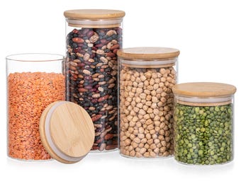 Stackable Glass Kitchen Canisters Set | Airtight Bamboo Lid | 4-Pack Food Storage Jars | Clear Containers for Flour, Sugar, Rice, Candy