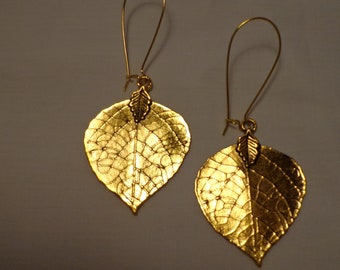 Earrings, Gold plated leaves with large French loop earring wires, Comes Gift Boxed!