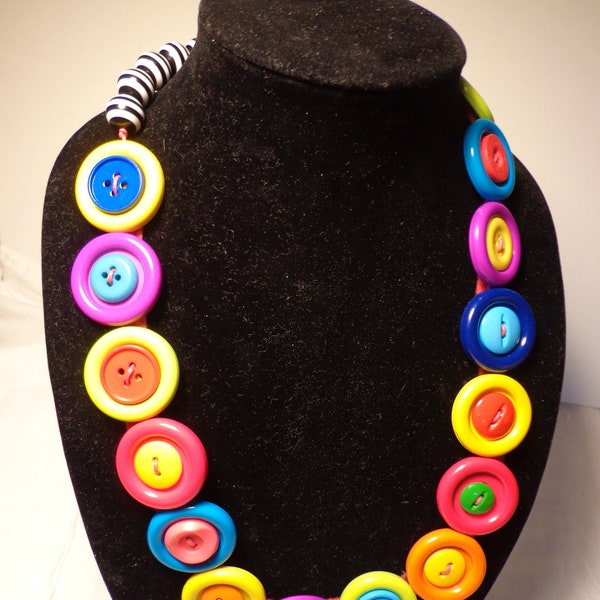 Button Necklace, Statement Necklace, Bright large Buttons, Black and White Beads, Artsy Necklace Comes Gift Boxed!