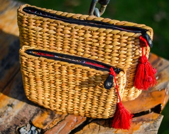 The Woven Purse - handmade woven water hyacinth pouch/clutch/makeup bag with tassel and zip by Woven Vietnam on Etsy