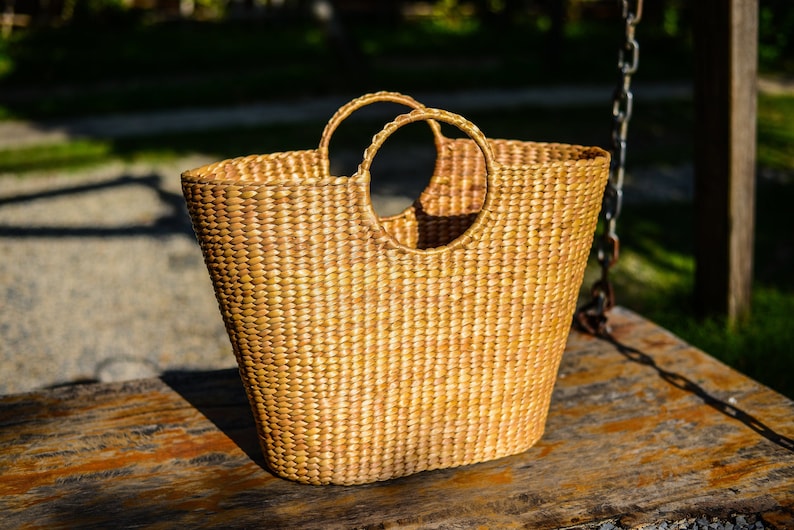 The Woven Maxi Bag handmade woven water hyacinth large basket/top handle beach/market/storage by Woven Vietnam on Etsy nude