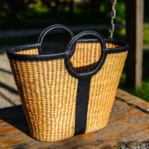 The Woven Maxi Bag handmade woven water hyacinth large basket/top handle beach/market/storage by Woven Vietnam on Etsy leather trim