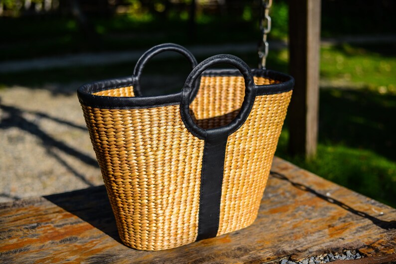 The Woven Maxi Bag handmade woven water hyacinth large basket/top handle beach/market/storage by Woven Vietnam on Etsy leather trim