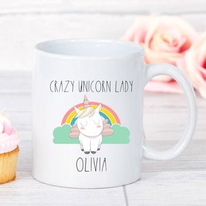 Personalized Unicorn Mug – Crazy Unicorn Lady Gift for Girls, Women or Kids – Custom Name Coffee Cup, Rainbow Unicorn Lover Mug