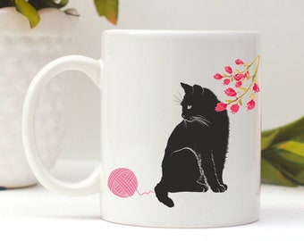 Black Cat Mug, Black Cat Lover Gift, Illustrated Cat Mug, Gift for Cat Lover, Cat Mama Gift