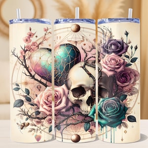 Floral Skull Tumbler Wrap, Skull Roses Hearts Tumbler Wrap, 20 oz Gothic Skinny Sublimation Design, Spooky Skeleton PNG Digital Download