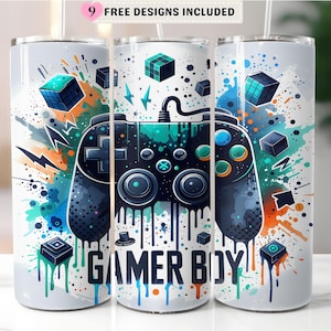Gamer Boy Tumbler Wrap, blauer blaugrüner Paint Splash Controller 20 Unzen Skinny Sublimationsdesign, Cooles Gaming PNG für Jungen Geschenkidee