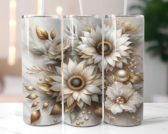 Sunflower Gold Tumbler Wrap, Elegant Floral Design PNG, White Gold Sunflower 20oz Skinny Tumbler Design, Sublimation Digital Download