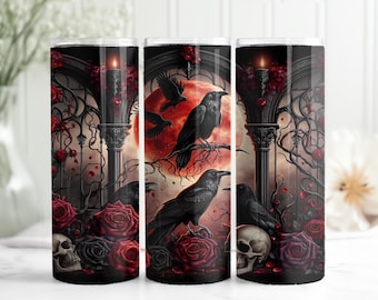 Gothic Garden Tumbler Wrap, Victorian Poe Raven 20 Oz Skinny Sublimation Tumbler PNG, Mythical Fantasy Dark Academy Digital Download
