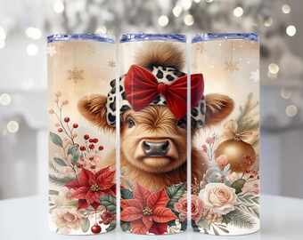 Highland Cow In Trucker Hat PNG, Cute Christmas Cowgirl 20oz Skinny Tumbler Wrap, Western Holiday Farm Cow Sublimation Design, Digital