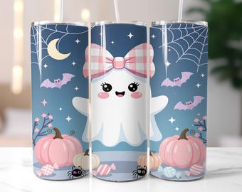 Tumbler Preppy Ghost Boo, fantasma rosa, zucca, ragnatela e fiocco, tumbler sottile da 20 once con design a sublimazione, stagione spettrale PNG