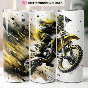 Dirtbike beker wrap 20oz mager, geel zwart motorcross racen sublimatie PNG, crossmotor berijder motorfiets digitale download
