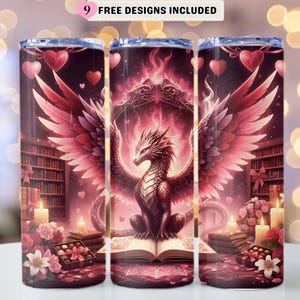 Fantasy Book Dragon Tumbler Wrap, Valentine Fire Wings 20oz Skinny Sublimation PNG, Romantic Bookish Spell Books Design, Digital Download