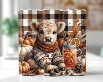 Fall Cute Baby Highland Cow 20oz Skinny Seamless Tumbler Wrap, Fall ...