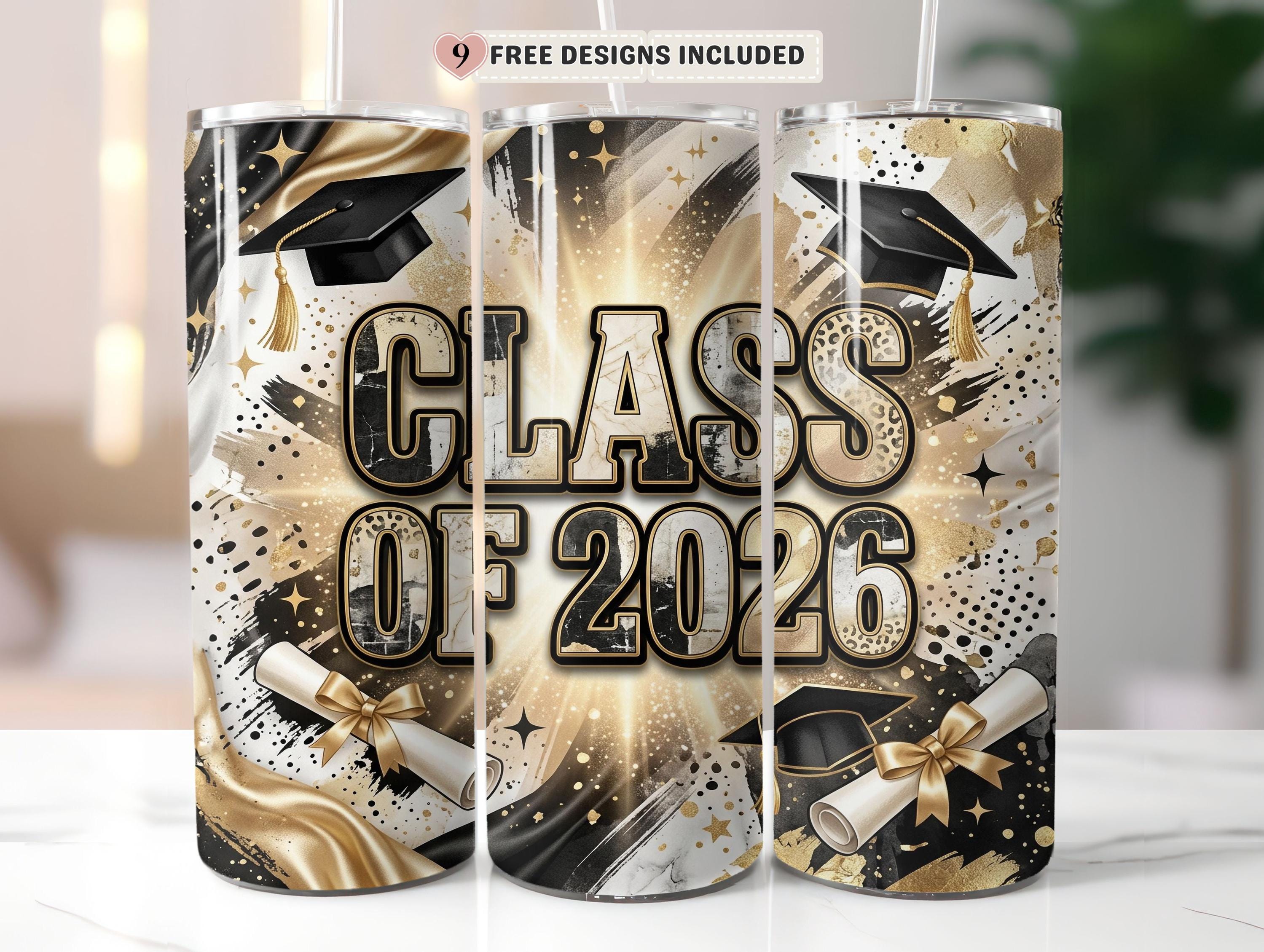 Class of 2026 Tumbler Wrap PNG, Black Gold Graduation 20oz Skinny ...