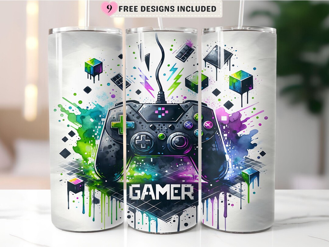 Watercolor Gamer Tumbler Wrap 20oz Skinny, Colorful Game Controller ...