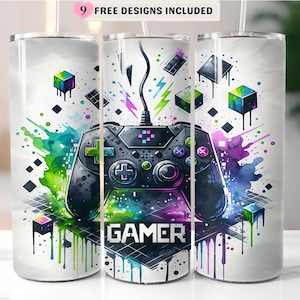Aquarell Gamer Tumbler Wrap 20 Unzen Skinny, bunte Game Controller Sublimation PNG, nahtlose Gaming Design digitaler Download