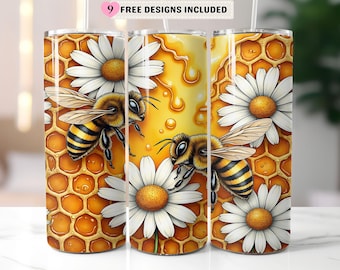 Envoltura para vaso con diseño de panal de abeja, vaso delgado de abejorro de 20 oz (sublimación PNG), diseño de colmena, amante de las abejas