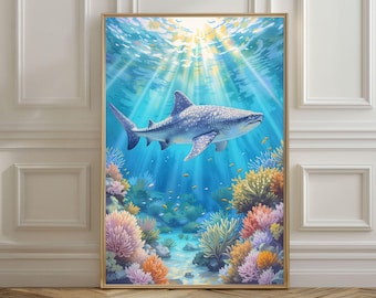 Whale Shark Printable Wall Art, Underwater Watercolor Whale Shark Wall Print, Sea Ocean Life Digital Wall Print