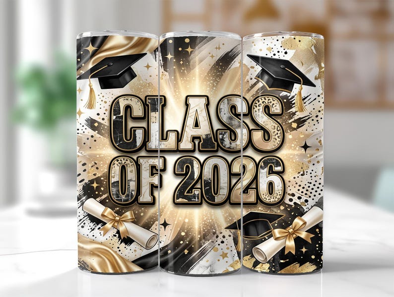 Class of 2026 Tumbler Wrap PNG, Black Gold Graduation 20oz Skinny ...