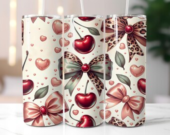 Envoltura para vaso con estampado de cereza y guepardo, diseño de sublimación para vaso delgado de 20 oz con estampado de leopardo, descarga digital sin costuras con estampado de cereza.