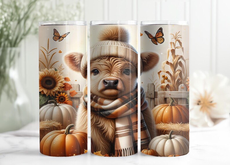 Fall Cute Baby Highland Cow 20oz Skinny Seamless Tumbler Wrap, Fall ...
