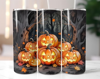 Tumbler avvolgente a forma di zucca di Jack O' Lantern, tumbler sottile da 20 once per Halloween nella foresta spettrale, PNG sublimatico, download digitale di zucca divertente per Halloween