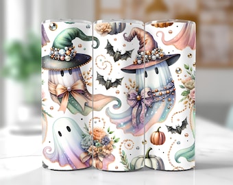 Tumbler avvolgente Coquette a tema fantasma di Halloween, tumbler avvolgente Coquette a tema fantasma, tumbler avvolgente color pastello di Halloween, tumbler sottile da 20 oz con design a sublimazione in formato PNG