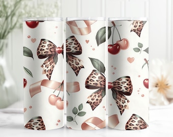 Envoltura para vaso con estampado de cereza y guepardo, diseño de sublimación para vaso delgado de 20 oz con estampado de leopardo, descarga digital sin costuras con estampado de cereza.