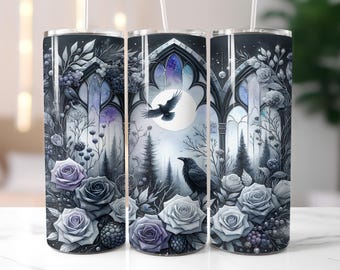 Gothic Garden Tumbler Wrap, Victorian Poe Raven 20 Oz Skinny Sublimation Tumbler PNG, Mythical Fantasy Dark Academy Digital Download