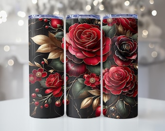 Red Rose Tumbler Wrap PNG, Black and Gold Floral 20oz Skinny Tumbler Sublimation Design, Romantic Gothic Rose Digital Download