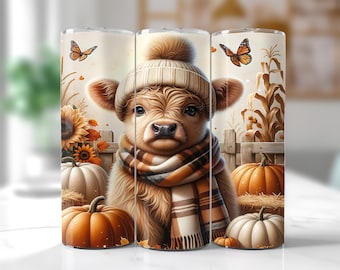 Fall Cute Baby Highland Cow 20oz Skinny Seamless Tumbler Wrap, Fall ...