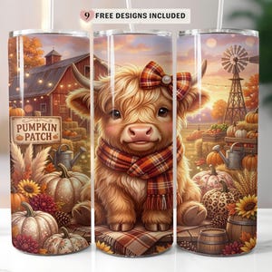 Pumpkin Patch Highland Cow Tumbler Wrap PNG, Cozy Fall Cow 20 oz Skinny Tumbler Sublimation Design, Autumn Tumbler Digital Download