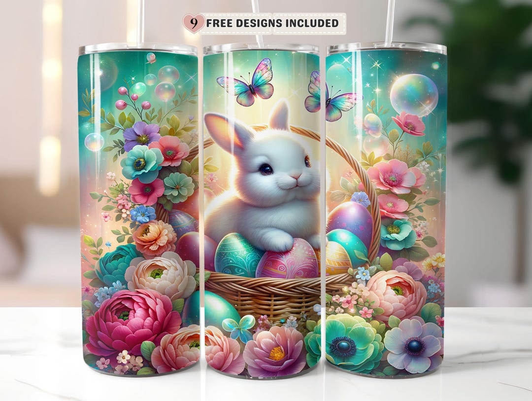 Easter Bunny Tumbler Wrap PNG, Whimsical Floral Easter Eggs 20oz Skinny ...