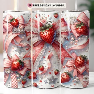 Cute Strawberry Coquette Bow Tumbler Wrap Design, Strawberry 20 oz Skinny Straight Tumbler Sublimation, Tumbler Wrap, PNG Digital Download