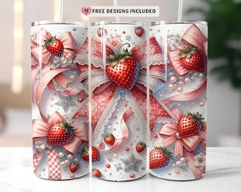 Cute Strawberry Coquette Bow Tumbler Wrap Design, Strawberry 20 oz Skinny Straight Tumbler Sublimation, Tumbler Wrap, PNG Digital Download